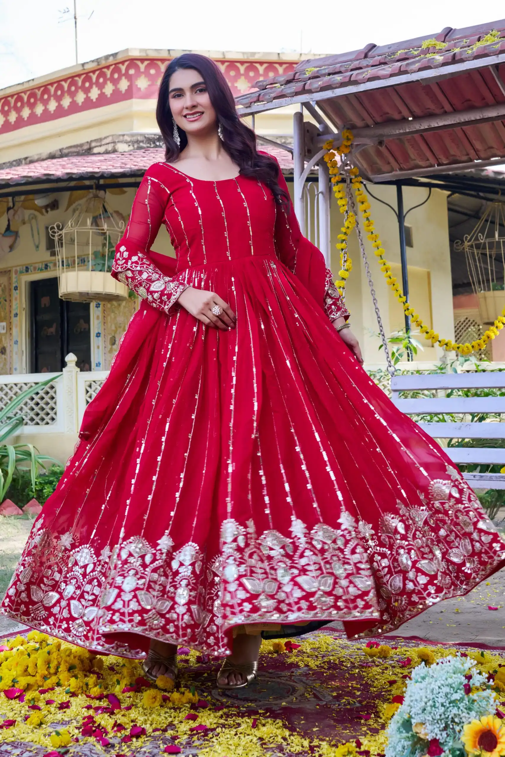 Ram 170 | Red Fox Georgette Gown with Embroidery Work & Sequins Work. Available at ₹2149 only. Delivery 4-6 Working Days. Shop now. | Gowns, Bollywood Gowns, Creative Gowns, Designer Gowns, Embroidered Gowns, Party Wear Gowns
