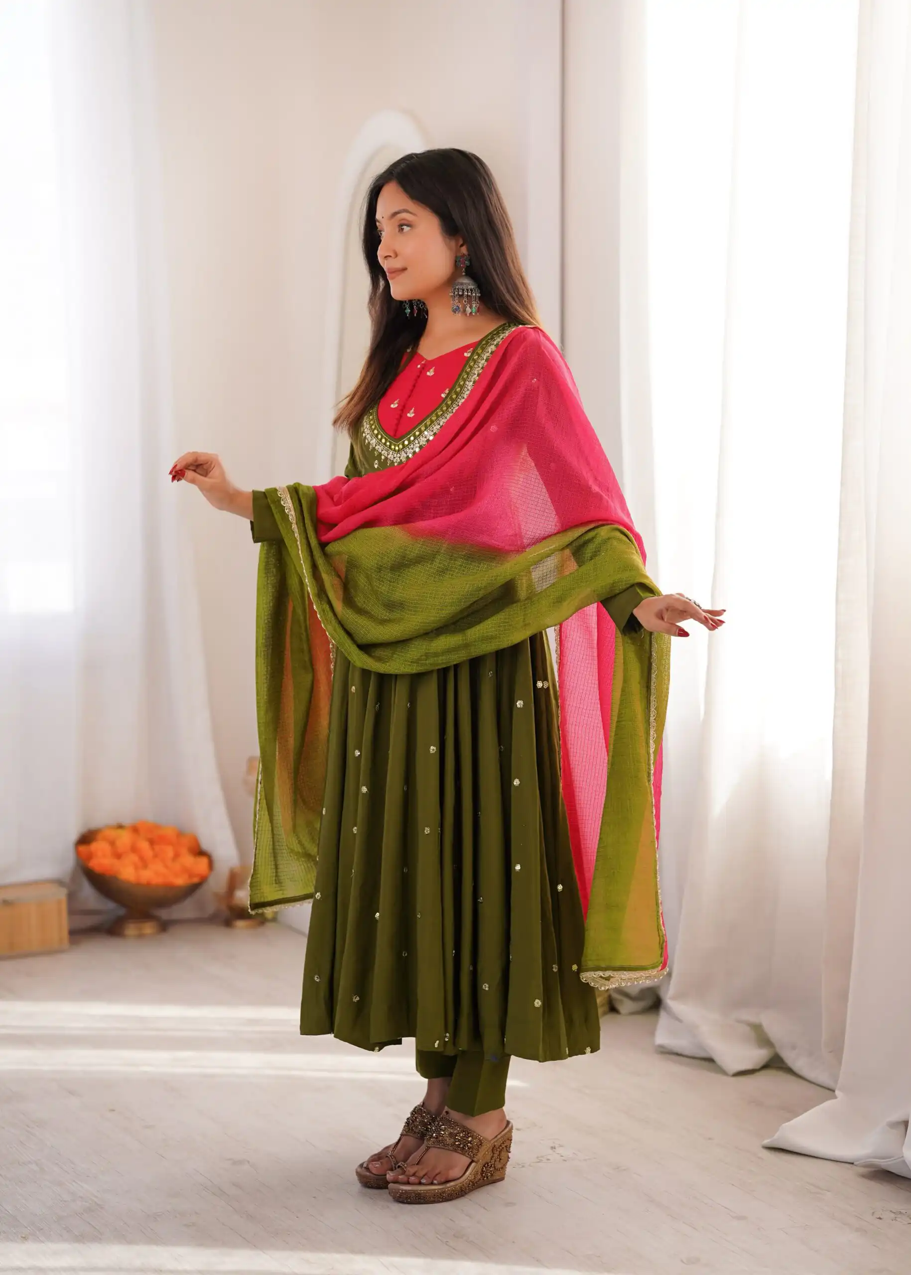 ZF 5023 Mehandi Roman Silk Gown with Mirror Work & Embroidery Work. Special Price ₹2099. Delivery 4-6 Working Days. Shop now. | Gowns, Bollywood Gowns, Creative Gowns, Designer Gowns, Embroidered Gowns, Party Wear Gowns