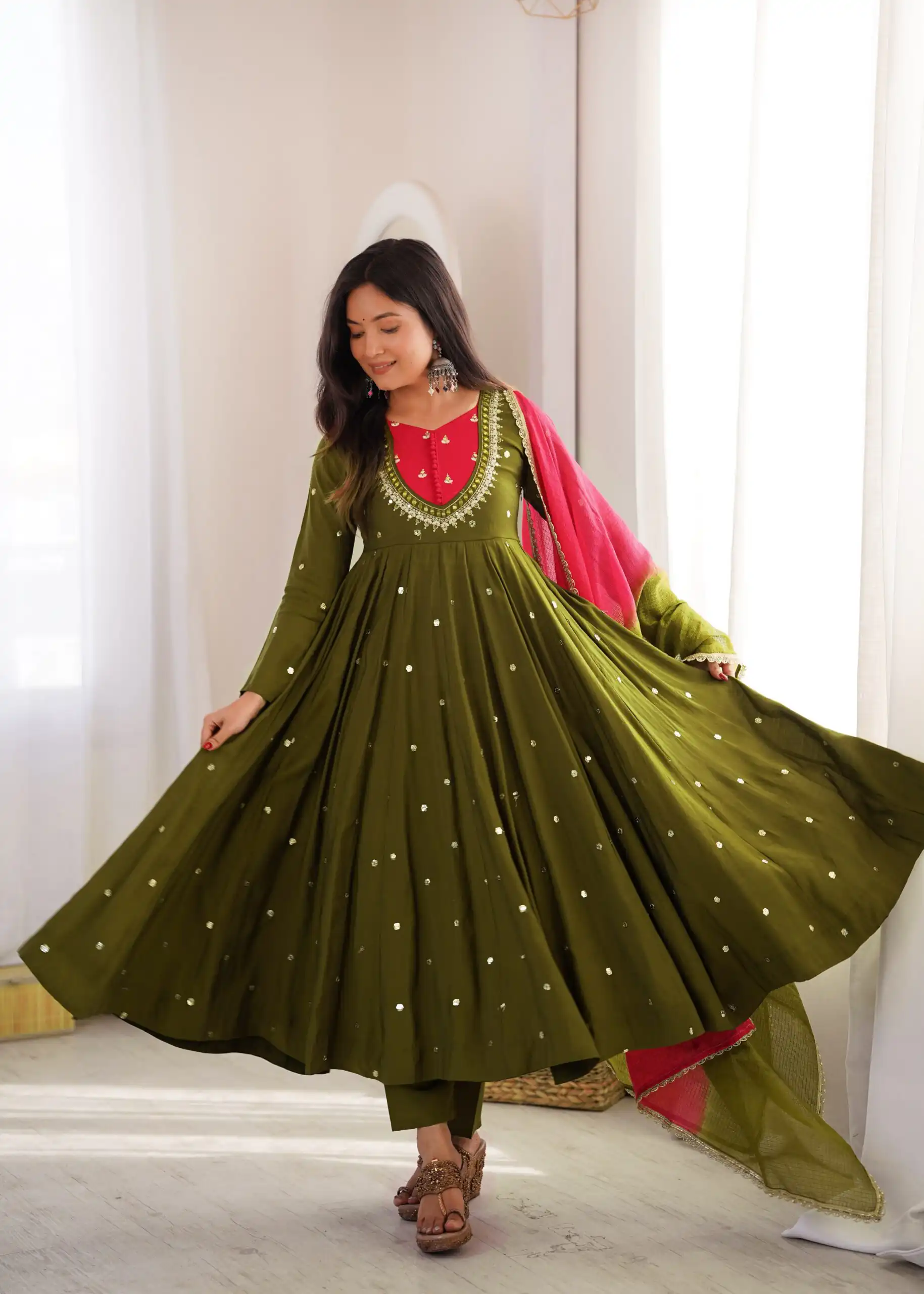 ZF 5023 Mehandi Roman Silk Gown with Mirror Work & Embroidery Work. Special Price ₹2099. Delivery 4-6 Working Days. Shop now. | Gowns, Bollywood Gowns, Creative Gowns, Designer Gowns, Embroidered Gowns, Party Wear Gowns