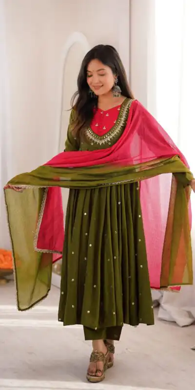 ZF 5023 Mehandi Roman Silk Gown with Mirror Work & Embroidery Work. Special Price ₹2099. Delivery 4-6 Working Days. Shop now. | Gowns, Bollywood Gowns, Creative Gowns, Designer Gowns, Embroidered Gowns, Party Wear Gowns