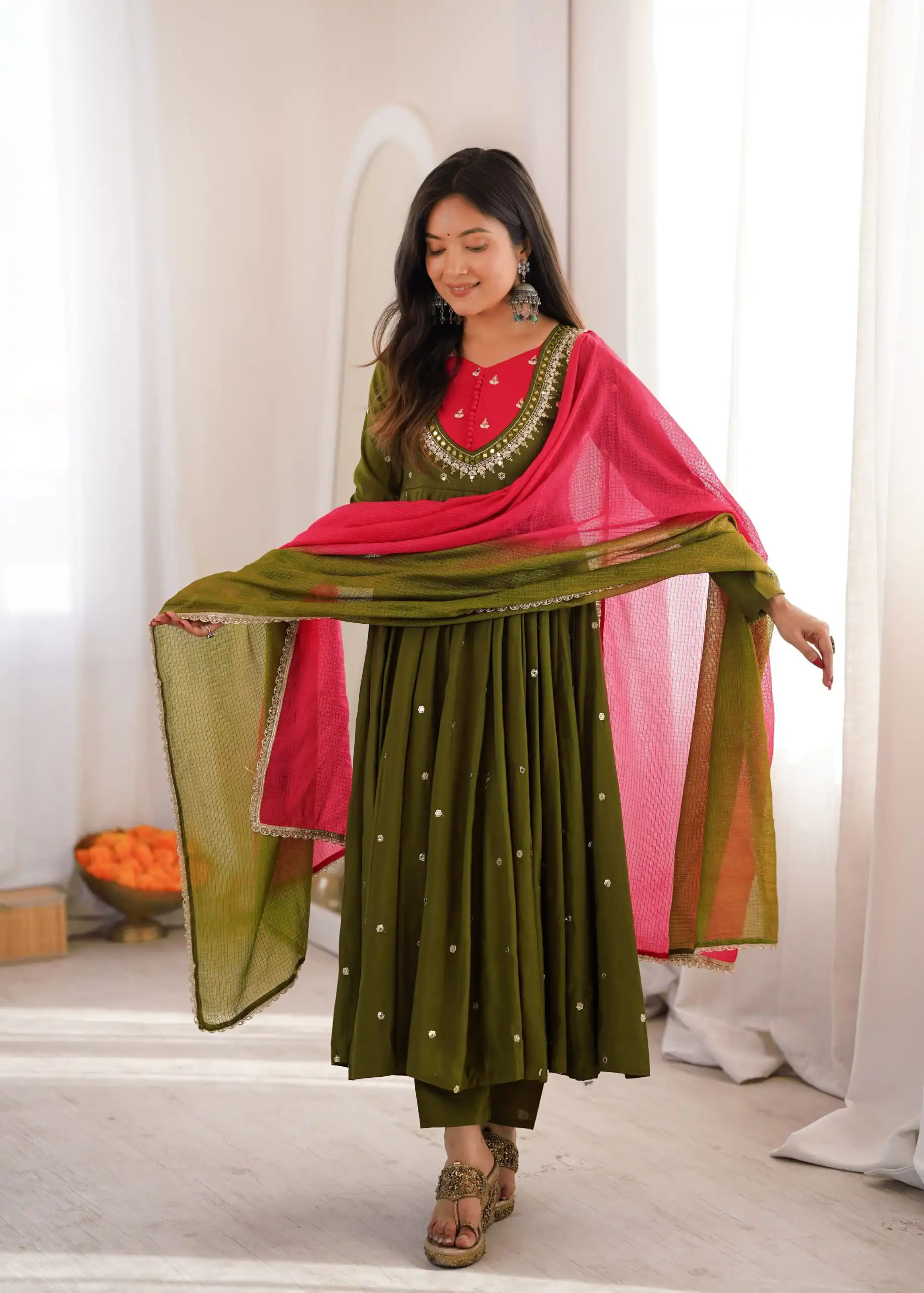 ZF 5023 Mehandi Roman Silk Gown with Mirror Work & Embroidery Work. Special Price ₹2099. Delivery 4-6 Working Days. Shop now. | Gowns, Bollywood Gowns, Creative Gowns, Designer Gowns, Embroidered Gowns, Party Wear Gowns