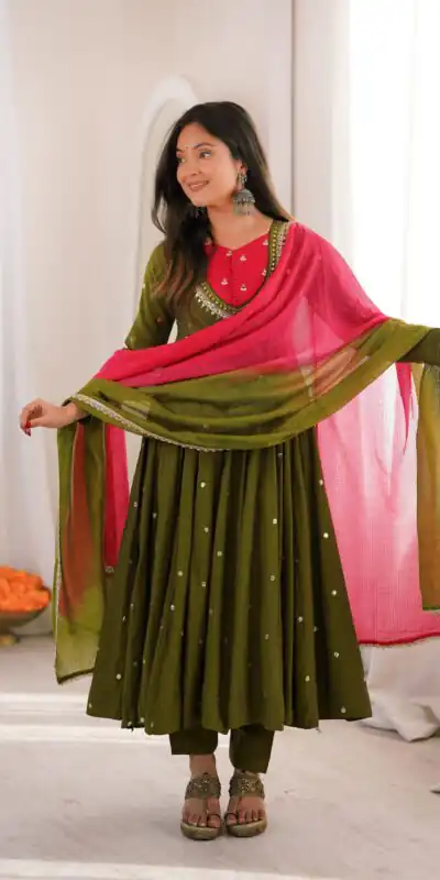 ZF 5023 Mehandi Roman Silk Gown with Mirror Work & Embroidery Work. Special Price ₹2099. Delivery 4-6 Working Days. Shop now. | Gowns, Bollywood Gowns, Creative Gowns, Designer Gowns, Embroidered Gowns, Party Wear Gowns