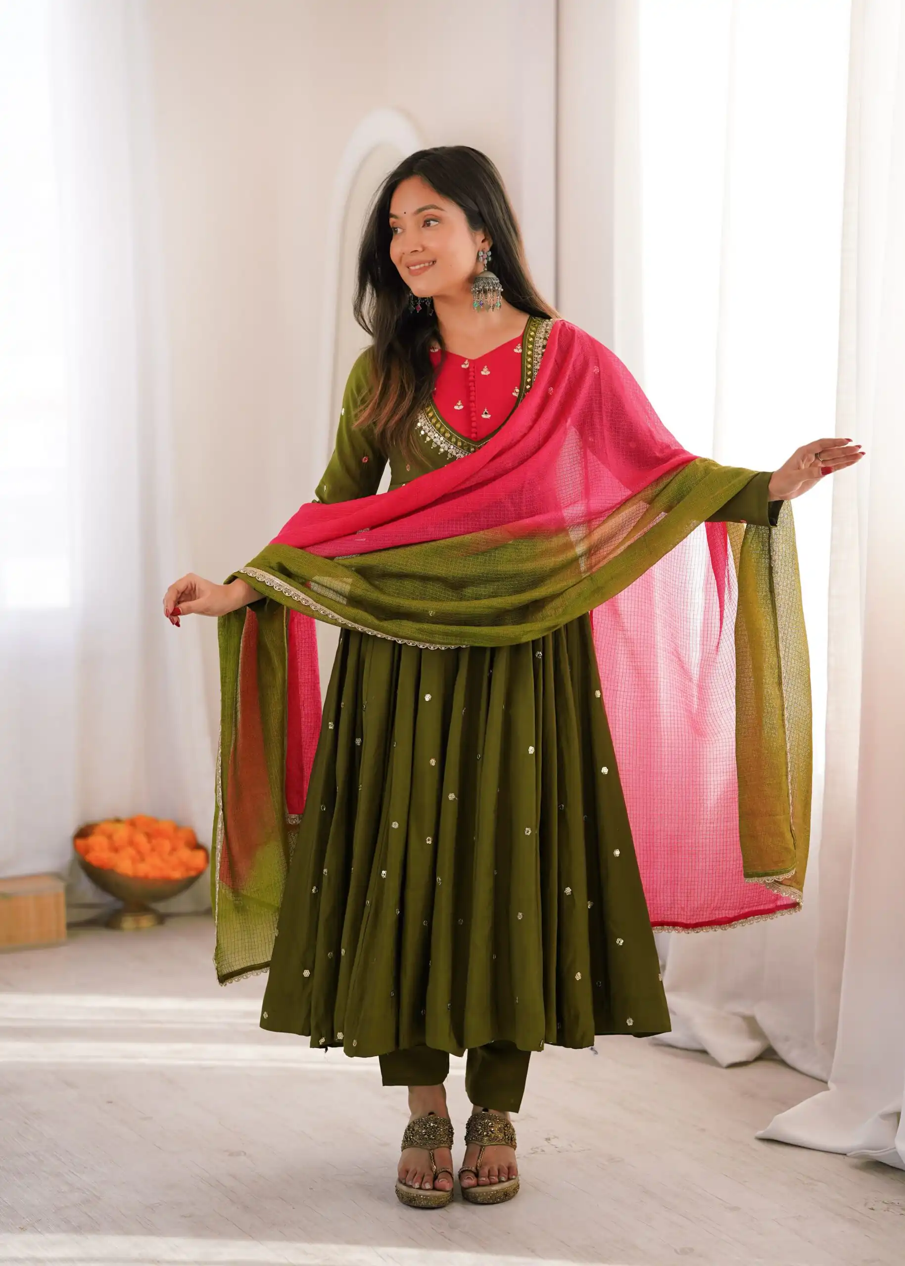 ZF 5023 Mehandi Roman Silk Gown with Mirror Work & Embroidery Work. Special Price ₹2099. Delivery 4-6 Working Days. Shop now. | Gowns, Bollywood Gowns, Creative Gowns, Designer Gowns, Embroidered Gowns, Party Wear Gowns