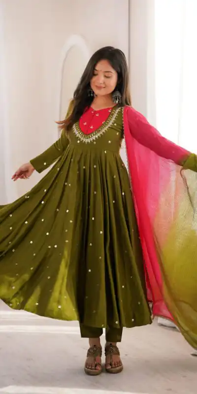 ZF 5023 Mehandi Roman Silk Gown with Mirror Work & Embroidery Work. Special Price ₹2099. Delivery 4-6 Working Days. Shop now. | Gowns, Bollywood Gowns, Creative Gowns, Designer Gowns, Embroidered Gowns, Party Wear Gowns