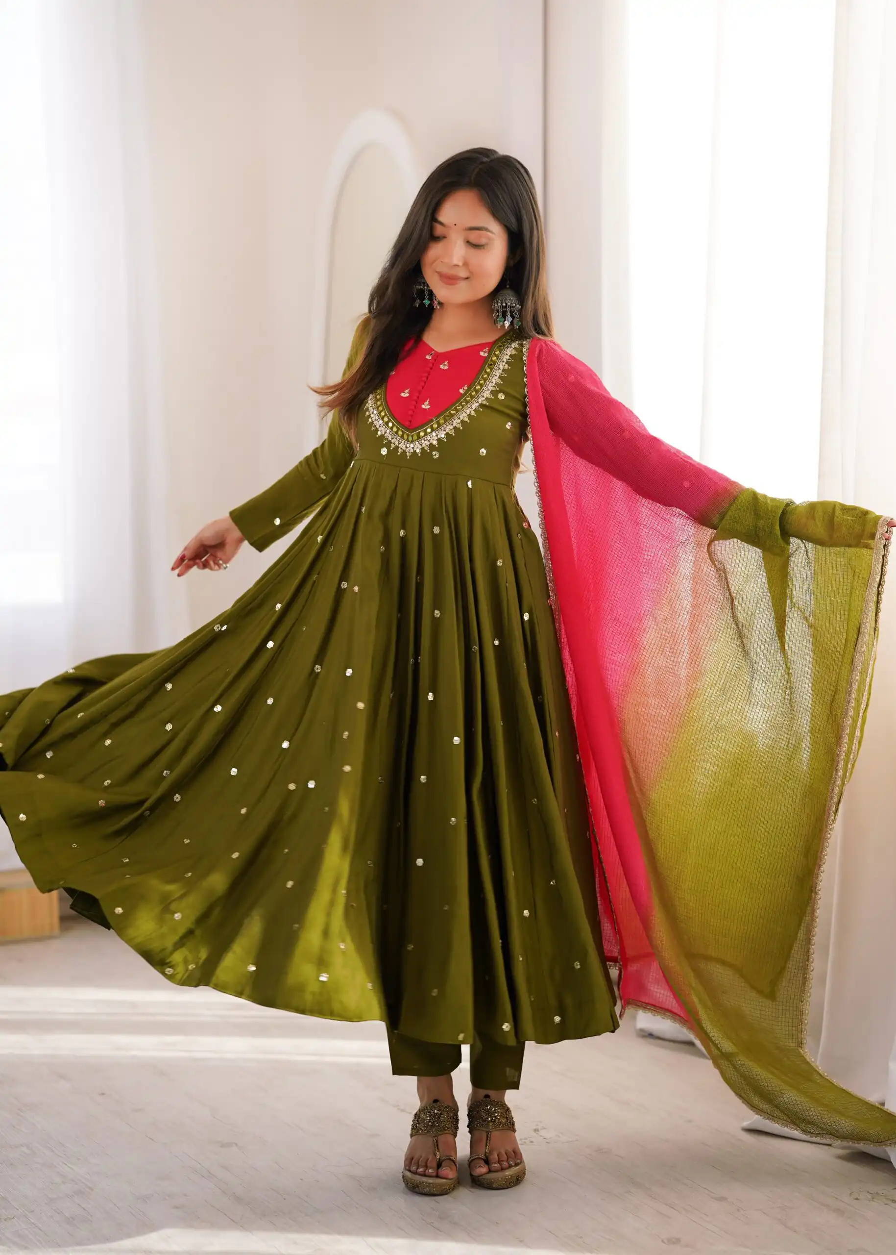 ZF 5023 Mehandi Roman Silk Gown with Mirror Work & Embroidery Work. Special Price ₹2099. Delivery 4-6 Working Days. Shop now. | Gowns, Bollywood Gowns, Creative Gowns, Designer Gowns, Embroidered Gowns, Party Wear Gowns
