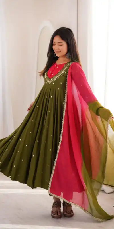 ZF 5023 Mehandi Roman Silk Gown with Mirror Work & Embroidery Work. Special Price ₹2099. Delivery 4-6 Working Days. Shop now. | Gowns, Bollywood Gowns, Creative Gowns, Designer Gowns, Embroidered Gowns, Party Wear Gowns