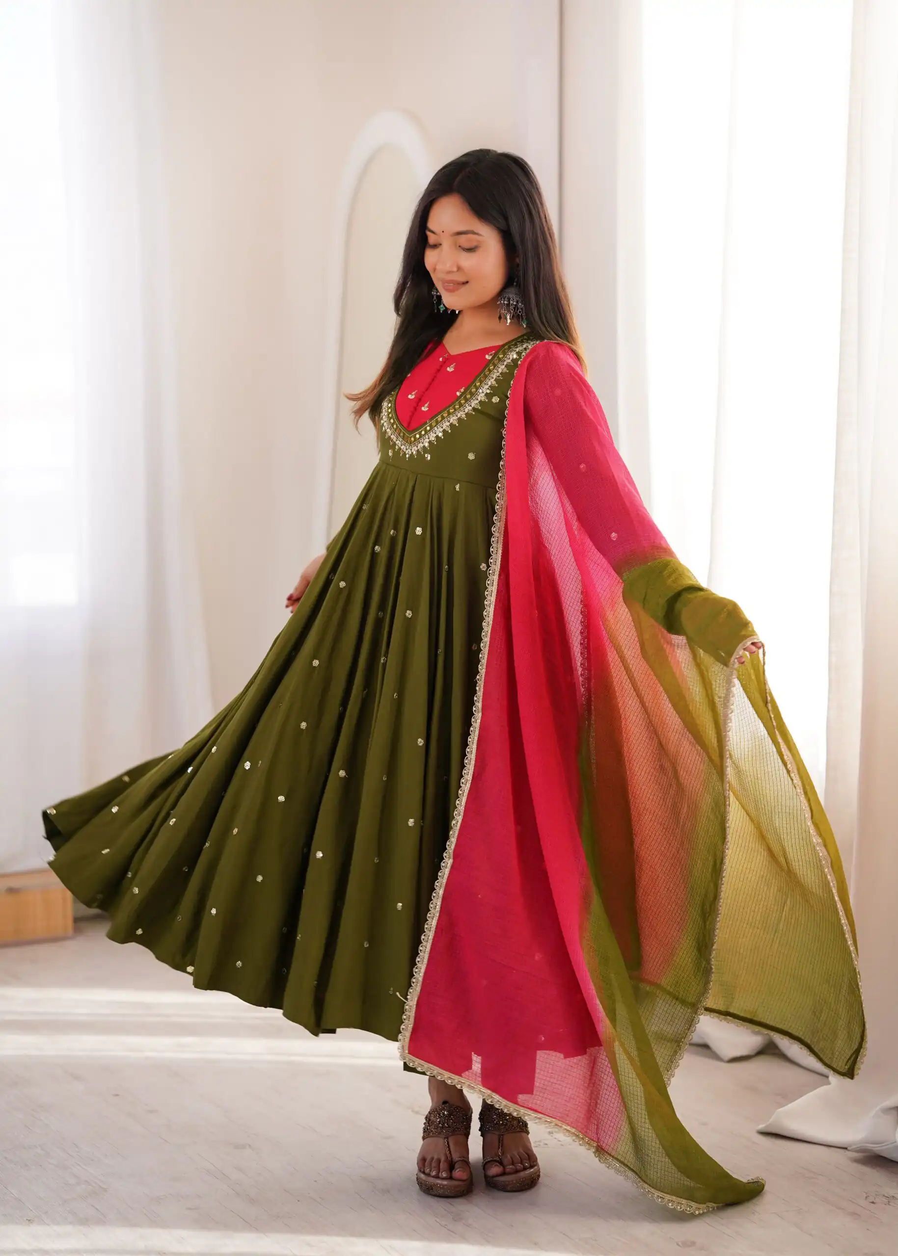 ZF 5023 Mehandi Roman Silk Gown with Mirror Work & Embroidery Work. Special Price ₹2099. Delivery 4-6 Working Days. Shop now. | Gowns, Bollywood Gowns, Creative Gowns, Designer Gowns, Embroidered Gowns, Party Wear Gowns