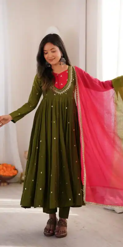 ZF 5023 Mehandi Roman Silk Gown with Mirror Work & Embroidery Work. Special Price ₹2099. Delivery 4-6 Working Days. Shop now. | Gowns, Bollywood Gowns, Creative Gowns, Designer Gowns, Embroidered Gowns, Party Wear Gowns
