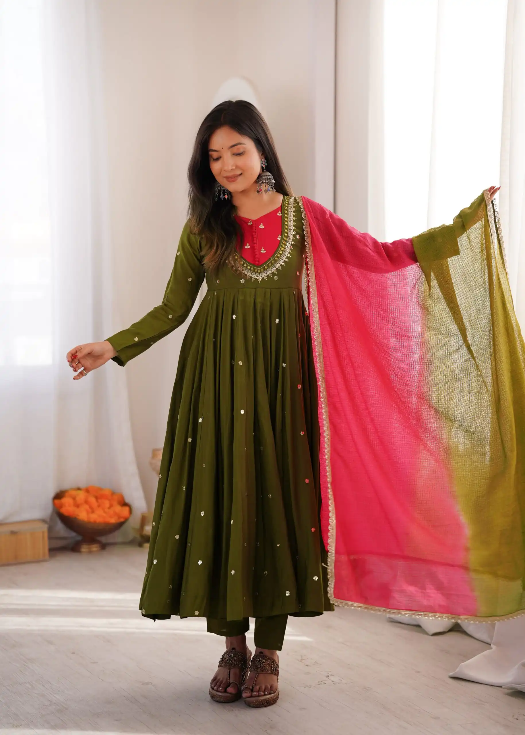 ZF 5023 Mehandi Roman Silk Gown with Mirror Work & Embroidery Work. Special Price ₹2099. Delivery 4-6 Working Days. Shop now. | Gowns, Bollywood Gowns, Creative Gowns, Designer Gowns, Embroidered Gowns, Party Wear Gowns