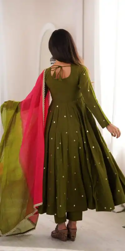 ZF 5023 Mehandi Roman Silk Gown with Mirror Work & Embroidery Work. Special Price ₹2099. Delivery 4-6 Working Days. Shop now. | Gowns, Bollywood Gowns, Creative Gowns, Designer Gowns, Embroidered Gowns, Party Wear Gowns