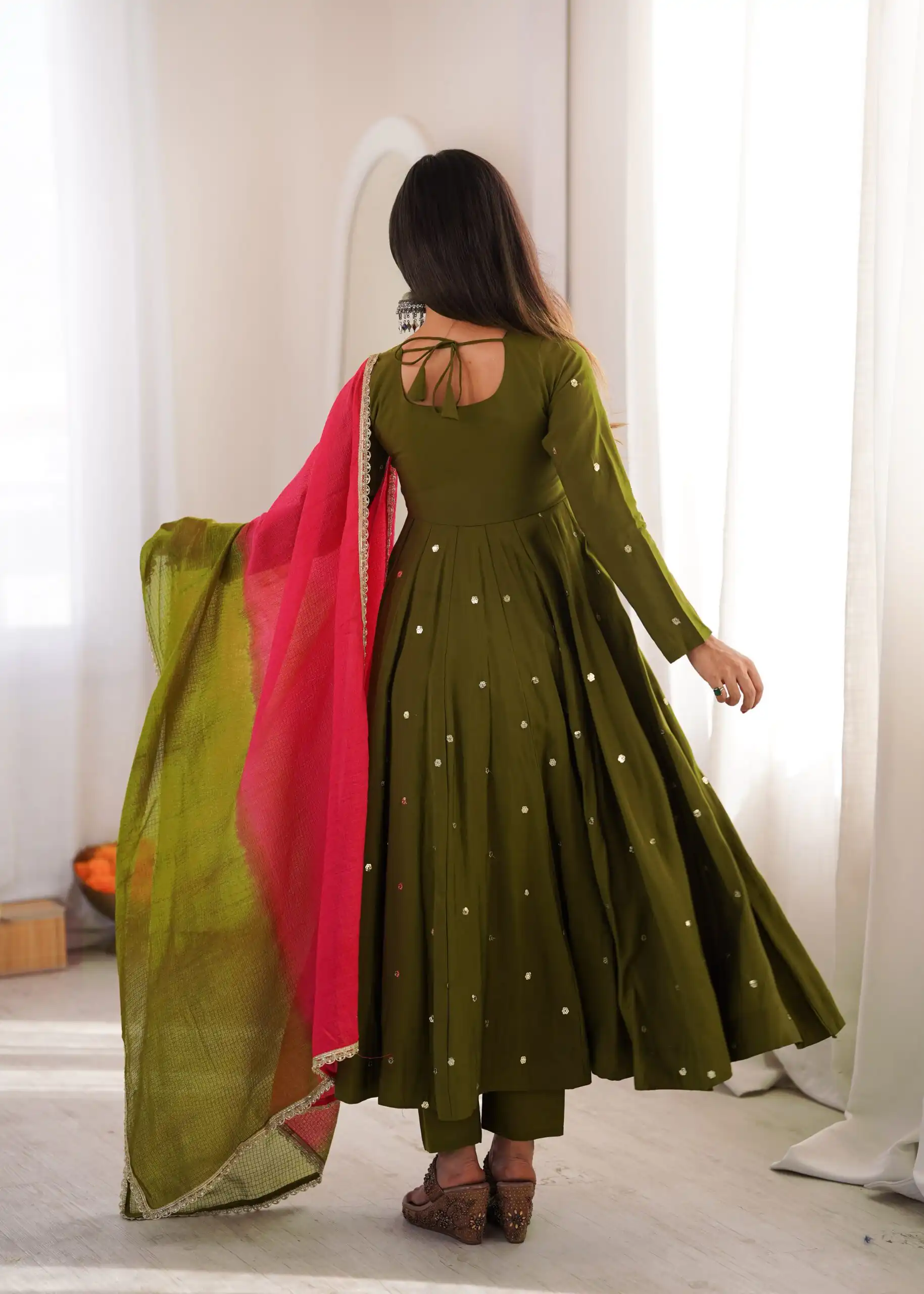 ZF 5023 Mehandi Roman Silk Gown with Mirror Work & Embroidery Work. Special Price ₹2099. Delivery 4-6 Working Days. Shop now. | Gowns, Bollywood Gowns, Creative Gowns, Designer Gowns, Embroidered Gowns, Party Wear Gowns