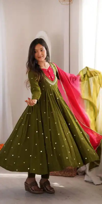 ZF 5023 Mehandi Roman Silk Gown with Mirror Work & Embroidery Work. Special Price ₹2099. Delivery 4-6 Working Days. Shop now. | Gowns, Bollywood Gowns, Creative Gowns, Designer Gowns, Embroidered Gowns, Party Wear Gowns