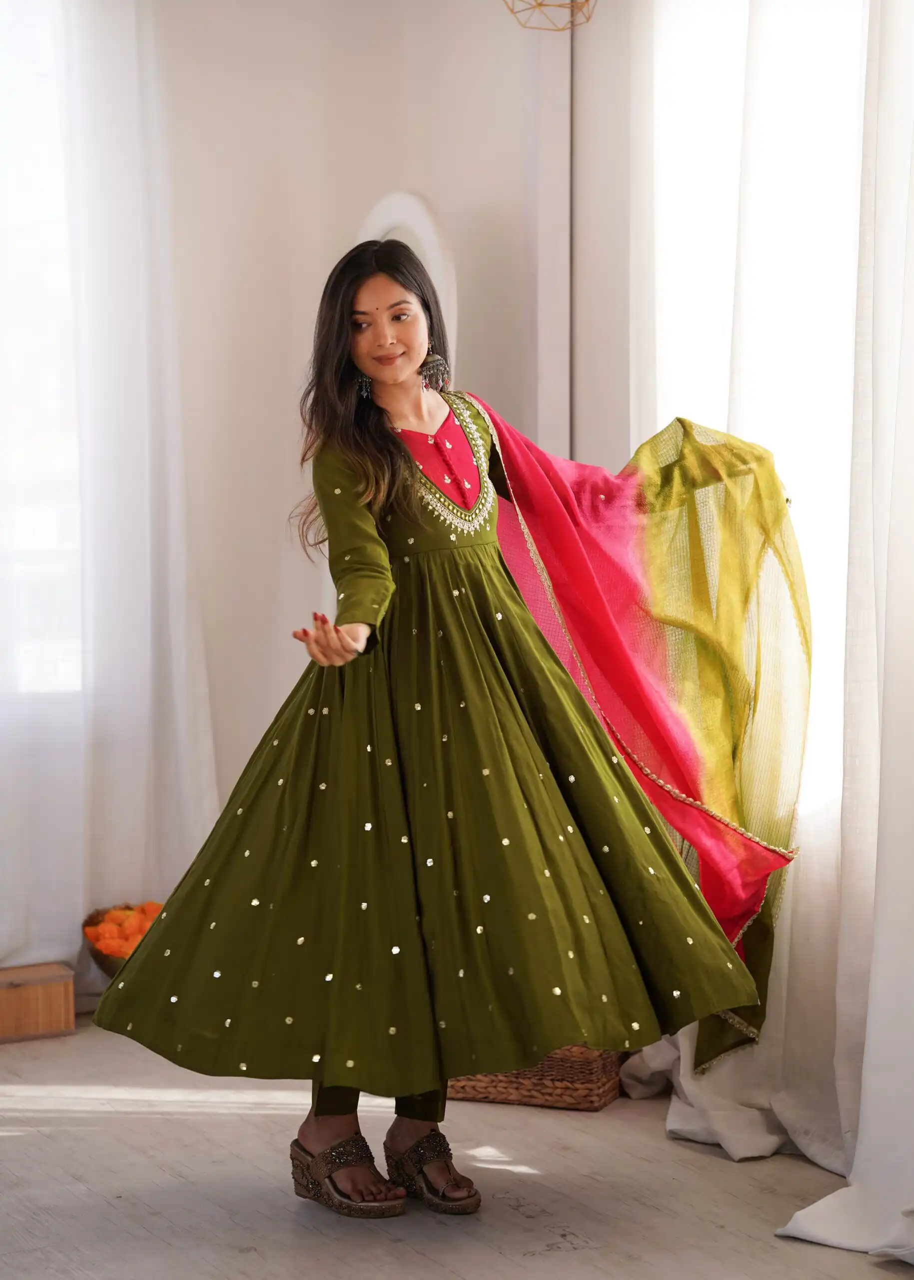 ZF 5023 Mehandi Roman Silk Gown with Mirror Work & Embroidery Work. Special Price ₹2099. Delivery 4-6 Working Days. Shop now. | Gowns, Bollywood Gowns, Creative Gowns, Designer Gowns, Embroidered Gowns, Party Wear Gowns