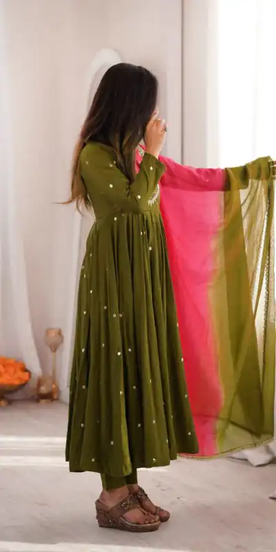ZF 5023 Mehandi Roman Silk Gown with Mirror Work & Embroidery Work. Special Price ₹2099. Delivery 4-6 Working Days. Shop now. | Gowns, Bollywood Gowns, Creative Gowns, Designer Gowns, Embroidered Gowns, Party Wear Gowns