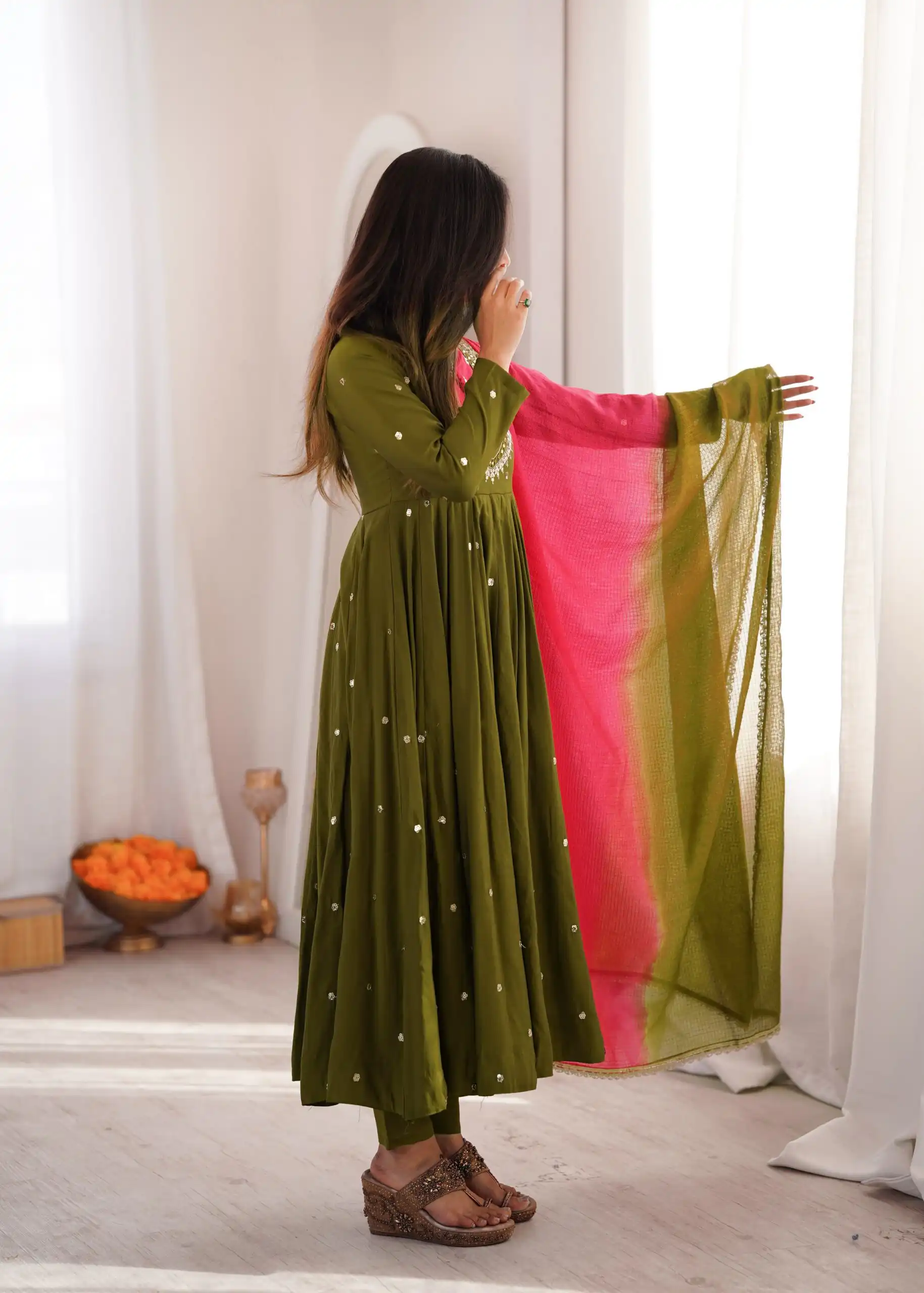 ZF 5023 Mehandi Roman Silk Gown with Mirror Work & Embroidery Work. Special Price ₹2099. Delivery 4-6 Working Days. Shop now. | Gowns, Bollywood Gowns, Creative Gowns, Designer Gowns, Embroidered Gowns, Party Wear Gowns