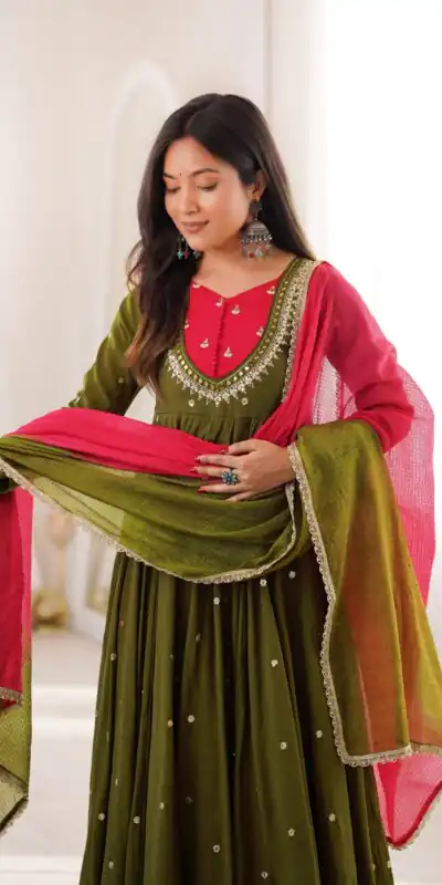 ZF 5023 Mehandi Roman Silk Gown with Mirror Work & Embroidery Work. Special Price ₹2099. Delivery 4-6 Working Days. Shop now. | Gowns, Bollywood Gowns, Creative Gowns, Designer Gowns, Embroidered Gowns, Party Wear Gowns