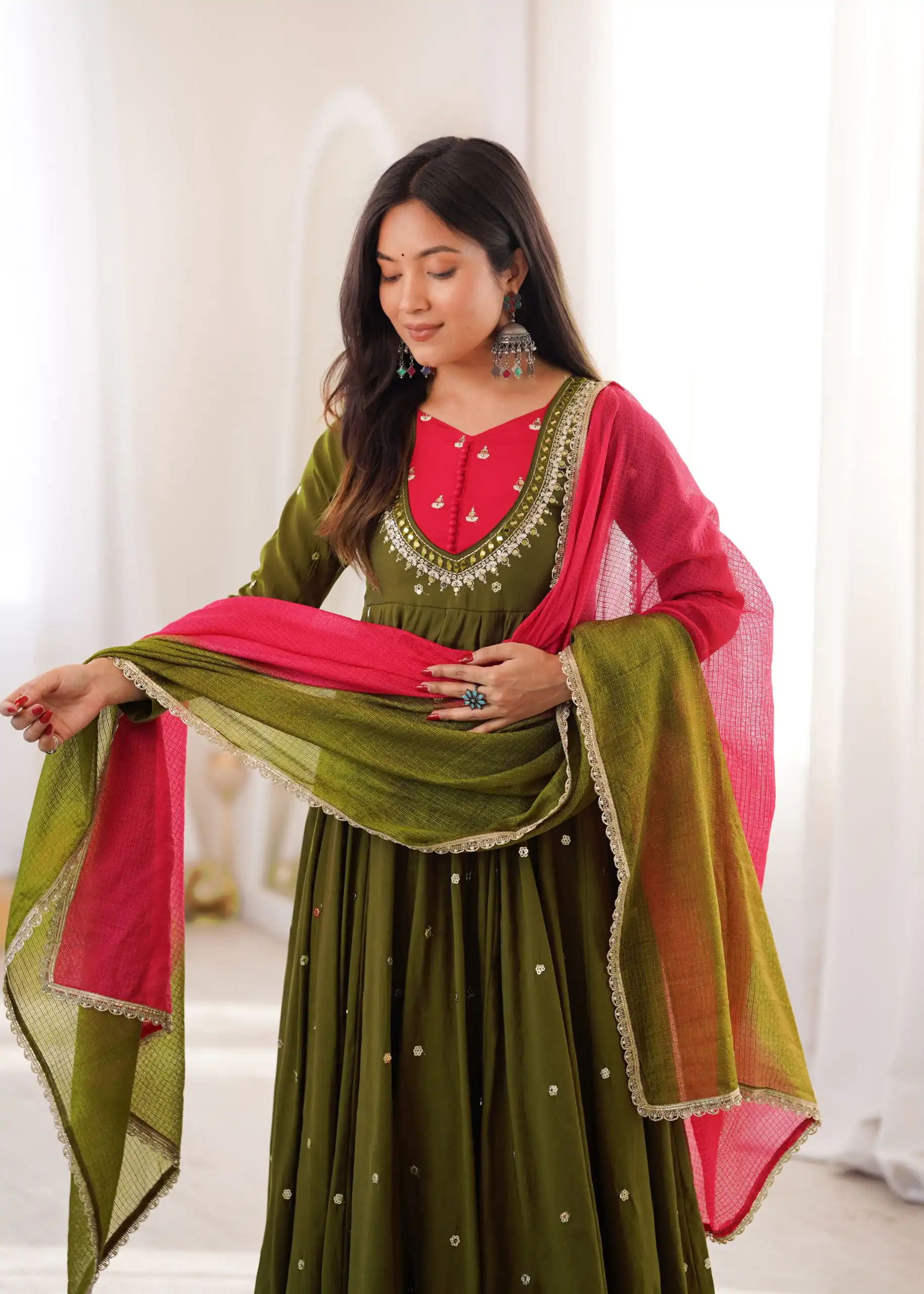 ZF 5023 Mehandi Roman Silk Gown with Mirror Work & Embroidery Work. Special Price ₹2099. Delivery 4-6 Working Days. Shop now. | Gowns, Bollywood Gowns, Creative Gowns, Designer Gowns, Embroidered Gowns, Party Wear Gowns