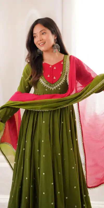 ZF 5023 Mehandi Roman Silk Gown with Mirror Work & Embroidery Work. Special Price ₹2099. Delivery 4-6 Working Days. Shop now. | Gowns, Bollywood Gowns, Creative Gowns, Designer Gowns, Embroidered Gowns, Party Wear Gowns