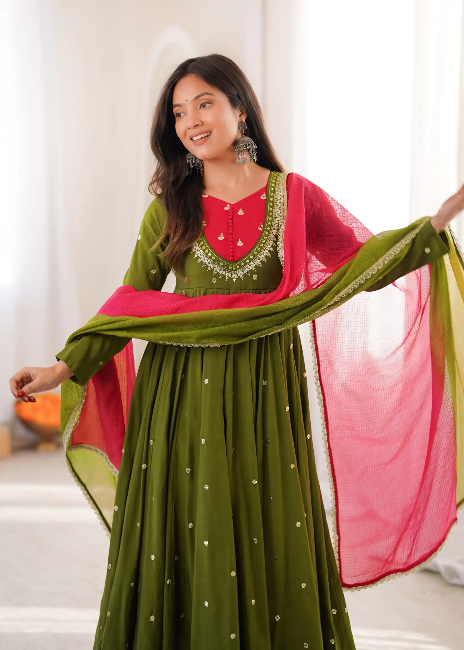 ZF 5023 Mehandi Roman Silk Gown with Mirror Work & Embroidery Work. Special Price ₹2099. Delivery 4-6 Working Days. Shop now. | Gowns, Bollywood Gowns, Creative Gowns, Designer Gowns, Embroidered Gowns, Party Wear Gowns