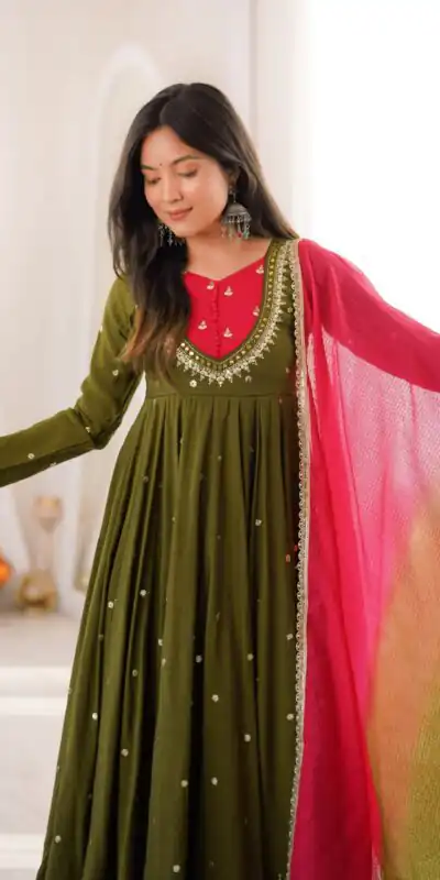 ZF 5023 Mehandi Roman Silk Gown with Mirror Work & Embroidery Work. Special Price ₹2099. Delivery 4-6 Working Days. Shop now. | Gowns, Bollywood Gowns, Creative Gowns, Designer Gowns, Embroidered Gowns, Party Wear Gowns
