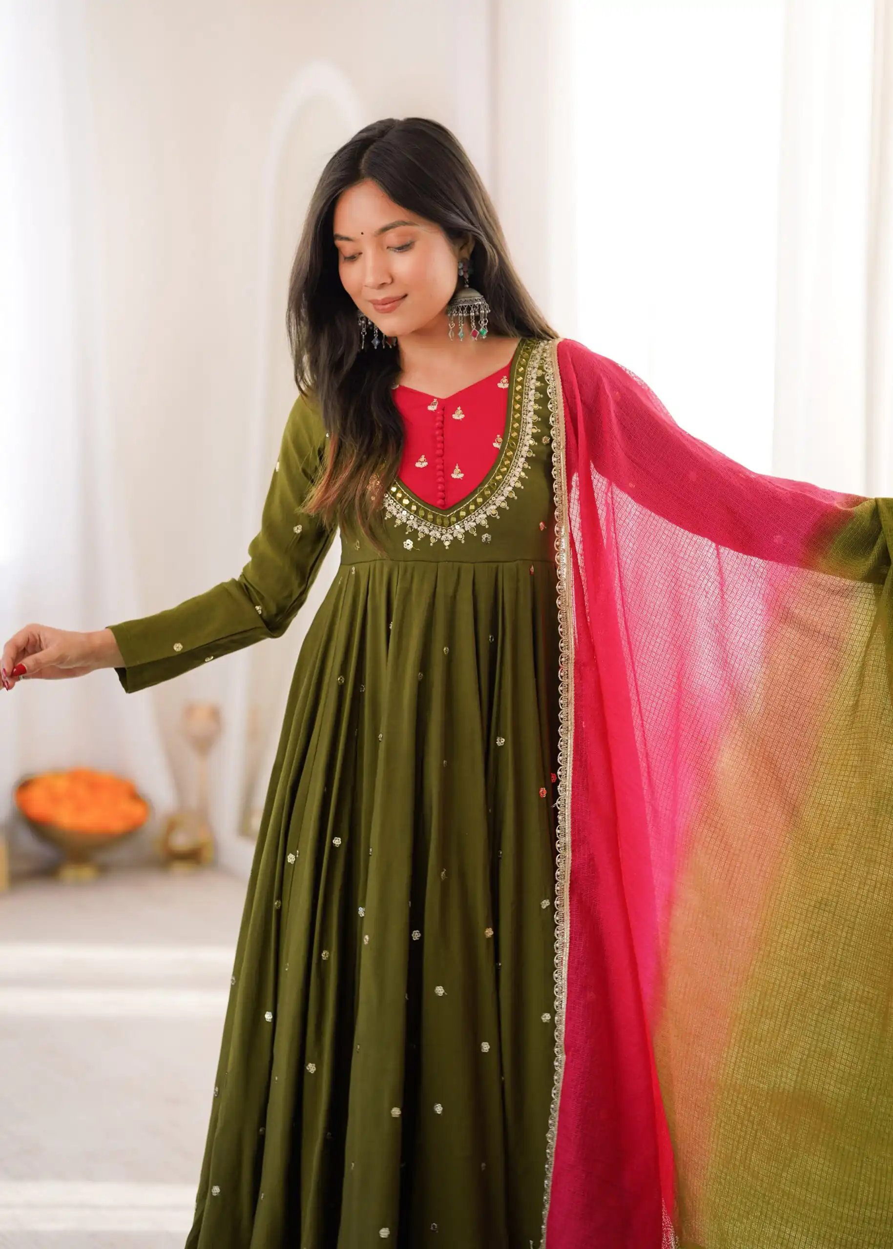 ZF 5023 Mehandi Roman Silk Gown with Mirror Work & Embroidery Work. Special Price ₹2099. Delivery 4-6 Working Days. Shop now. | Gowns, Bollywood Gowns, Creative Gowns, Designer Gowns, Embroidered Gowns, Party Wear Gowns