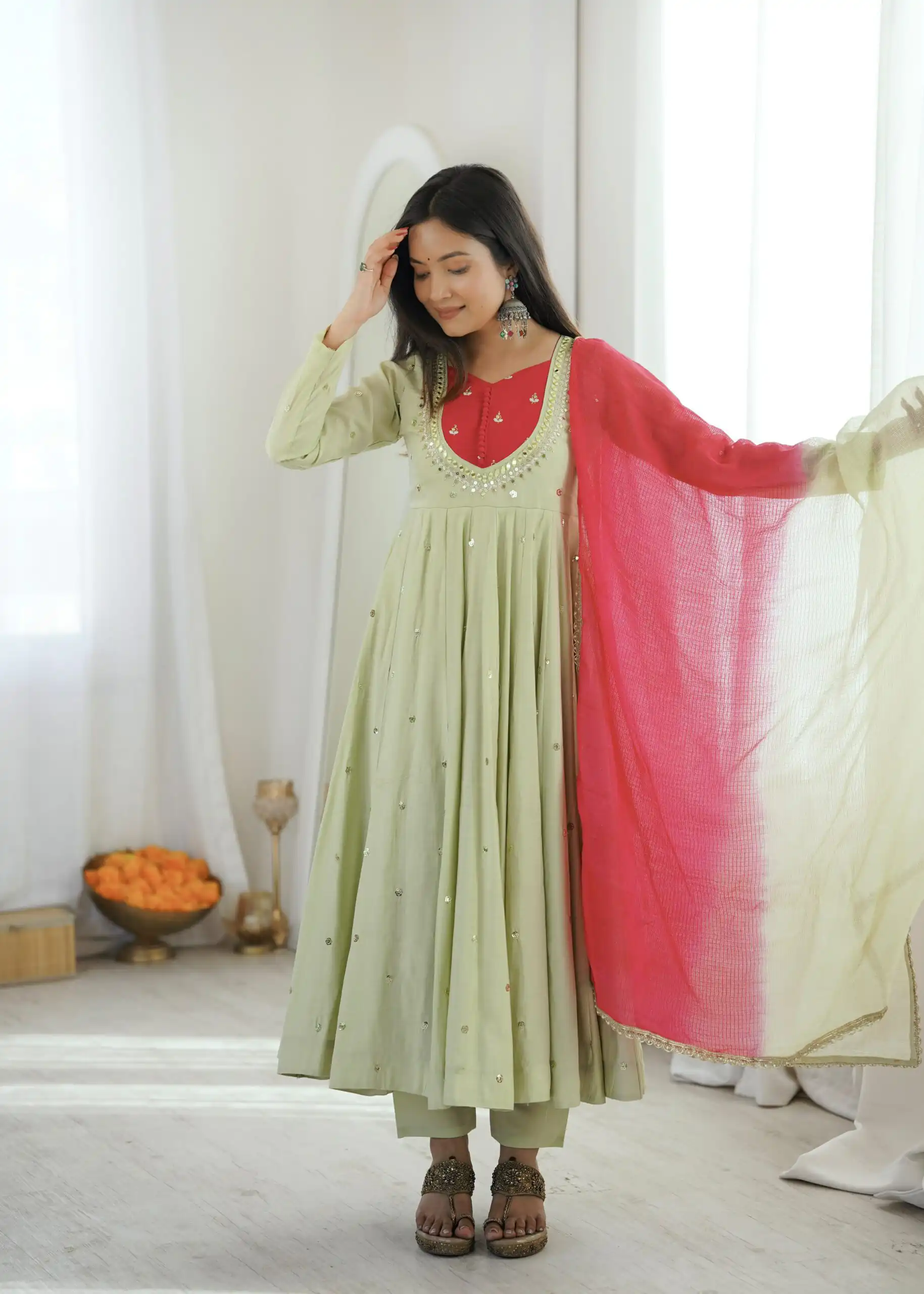 ZF 5023 Pista Roman Silk Gown with Mirror Work & Embroidery Work. Special Price ₹2099. Delivery 4-6 Working Days. Shop now. | Gowns, Bollywood Gowns, Creative Gowns, Designer Gowns, Embroidered Gowns, Party Wear Gowns