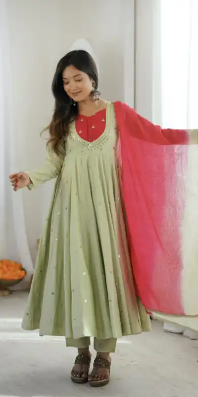 ZF 5023 Pista Roman Silk Gown with Mirror Work & Embroidery Work. Special Price ₹2099. Delivery 4-6 Working Days. Shop now. | Gowns, Bollywood Gowns, Creative Gowns, Designer Gowns, Embroidered Gowns, Party Wear Gowns