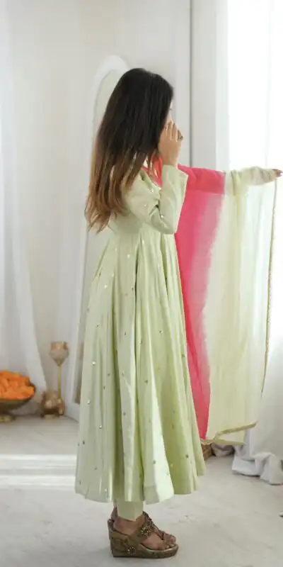 ZF 5023 Pista Roman Silk Gown with Mirror Work & Embroidery Work. Special Price ₹2099. Delivery 4-6 Working Days. Shop now. | Gowns, Bollywood Gowns, Creative Gowns, Designer Gowns, Embroidered Gowns, Party Wear Gowns