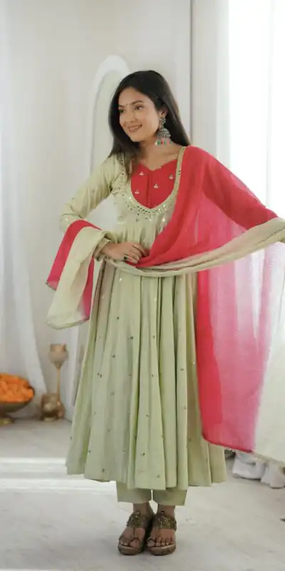 ZF 5023 Pista Roman Silk Gown with Mirror Work & Embroidery Work. Special Price ₹2099. Delivery 4-6 Working Days. Shop now. | Gowns, Bollywood Gowns, Creative Gowns, Designer Gowns, Embroidered Gowns, Party Wear Gowns