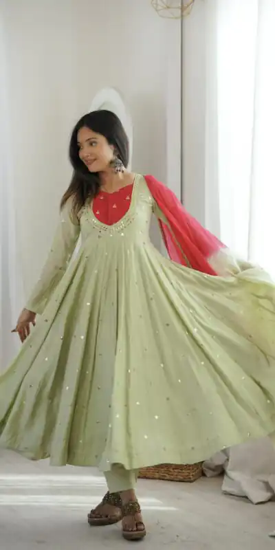 ZF 5023 Pista Roman Silk Gown with Mirror Work & Embroidery Work. Special Price ₹2099. Delivery 4-6 Working Days. Shop now. | Gowns, Bollywood Gowns, Creative Gowns, Designer Gowns, Embroidered Gowns, Party Wear Gowns