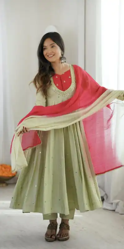 ZF 5023 Pista Roman Silk Gown with Mirror Work & Embroidery Work. Special Price ₹2099. Delivery 4-6 Working Days. Shop now. | Gowns, Bollywood Gowns, Creative Gowns, Designer Gowns, Embroidered Gowns, Party Wear Gowns