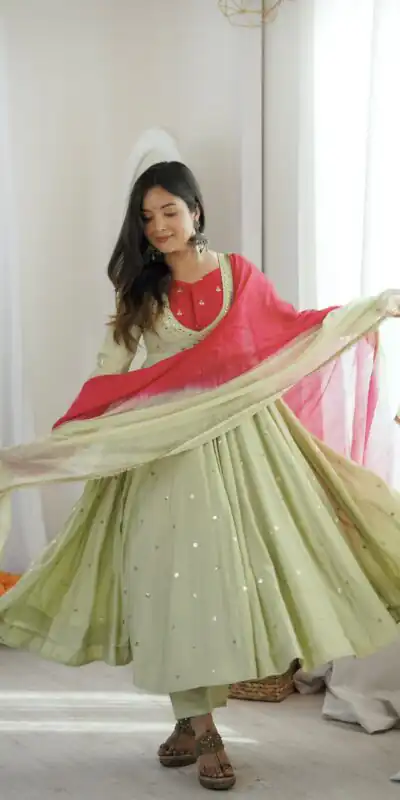 ZF 5023 Pista Roman Silk Gown with Mirror Work & Embroidery Work. Special Price ₹2099. Delivery 4-6 Working Days. Shop now. | Gowns, Bollywood Gowns, Creative Gowns, Designer Gowns, Embroidered Gowns, Party Wear Gowns