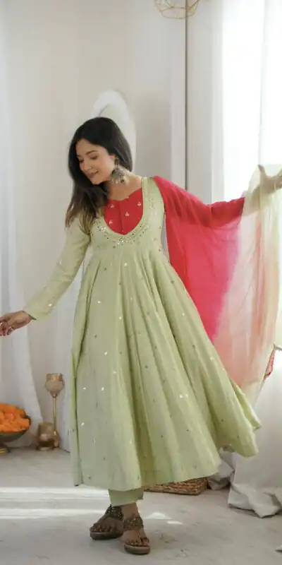 ZF 5023 Pista Roman Silk Gown with Mirror Work & Embroidery Work. Special Price ₹2099. Delivery 4-6 Working Days. Shop now. | Gowns, Bollywood Gowns, Creative Gowns, Designer Gowns, Embroidered Gowns, Party Wear Gowns