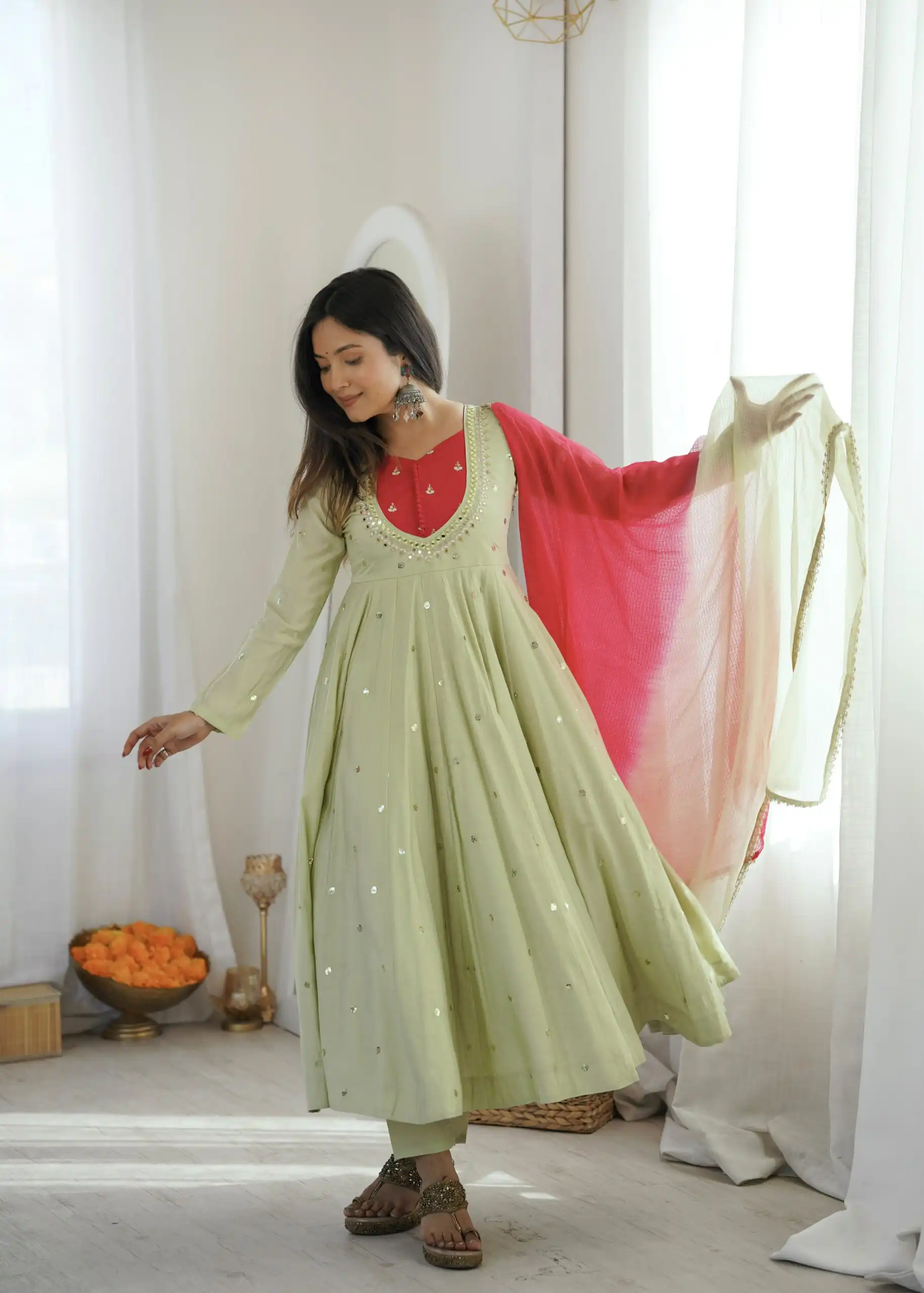 ZF 5023 Pista Roman Silk Gown with Mirror Work & Embroidery Work. Special Price ₹2099. Delivery 4-6 Working Days. Shop now. | Gowns, Bollywood Gowns, Creative Gowns, Designer Gowns, Embroidered Gowns, Party Wear Gowns
