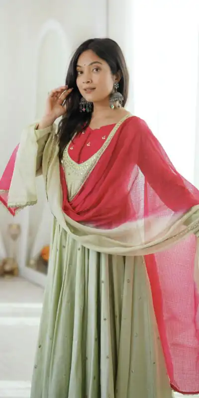 ZF 5023 Pista Roman Silk Gown with Mirror Work & Embroidery Work. Special Price ₹2099. Delivery 4-6 Working Days. Shop now. | Gowns, Bollywood Gowns, Creative Gowns, Designer Gowns, Embroidered Gowns, Party Wear Gowns