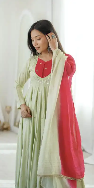 ZF 5023 Pista Roman Silk Gown with Mirror Work & Embroidery Work. Special Price ₹2099. Delivery 4-6 Working Days. Shop now. | Gowns, Bollywood Gowns, Creative Gowns, Designer Gowns, Embroidered Gowns, Party Wear Gowns