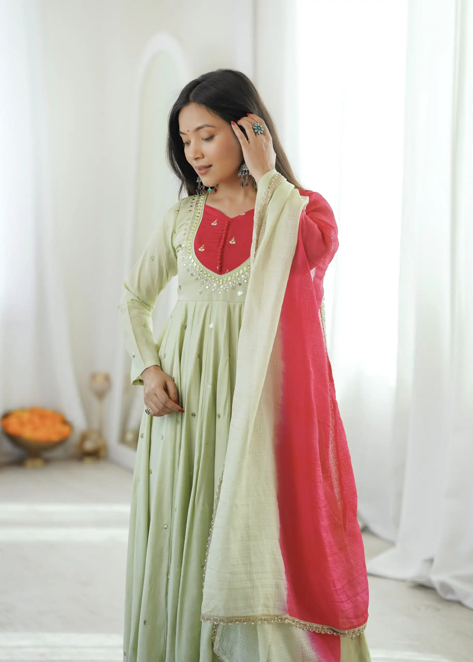 ZF 5023 Pista Roman Silk Gown with Mirror Work & Embroidery Work. Special Price ₹2099. Delivery 4-6 Working Days. Shop now. | Gowns, Bollywood Gowns, Creative Gowns, Designer Gowns, Embroidered Gowns, Party Wear Gowns