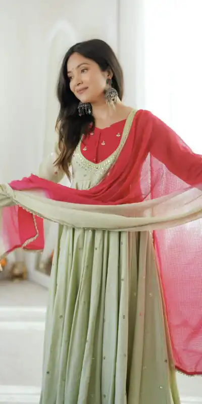 ZF 5023 Pista Roman Silk Gown with Mirror Work & Embroidery Work. Special Price ₹2099. Delivery 4-6 Working Days. Shop now. | Gowns, Bollywood Gowns, Creative Gowns, Designer Gowns, Embroidered Gowns, Party Wear Gowns