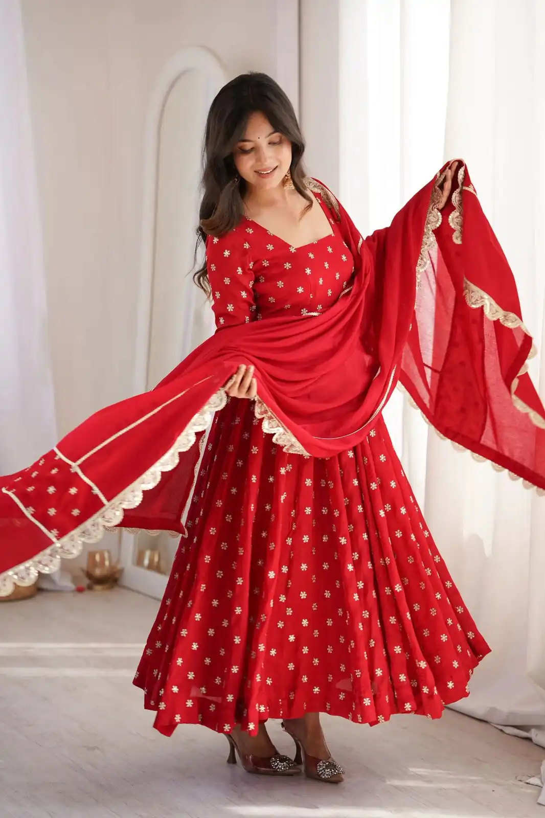 MF 534 Red Zari Work & Embroidery Work Salwar Suit in Red Chinon Silk. Grab it for ₹2499. Delivery 4-6 Working Days. Shop now. | Anarkali Suits, Bollywood Anarkali, Creative-Anarkali, Designer Anarkali, Embroidered Anarkali, Party Wear Anarkali, Salwar suit