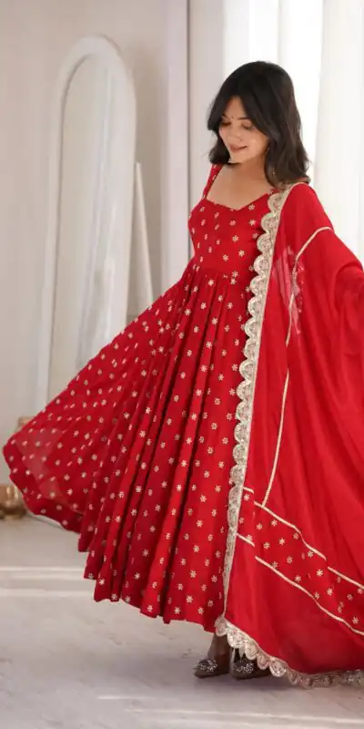 MF 534 Red Zari Work & Embroidery Work Salwar Suit in Red Chinon Silk. Grab it for ₹2499. Delivery 4-6 Working Days. Shop now. | Anarkali Suits, Bollywood Anarkali, Creative-Anarkali, Designer Anarkali, Embroidered Anarkali, Party Wear Anarkali, Salwar suit