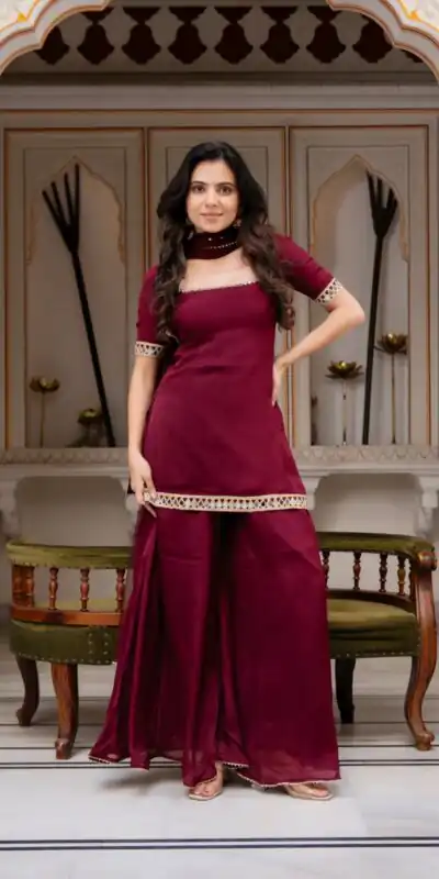 ST 1197 Maroon | Faux Georgette Salwar Suit with Mirror Work & Embroidery Work. Get it for ₹1849. Delivery 4-6 Working Days. Shop now. | Jump Suits, Salwar suit, Designer Suits, Casual Suits, Creative suits, Palazzo Suits, Party Wear Suits, Patiala Suits, Straight Suits