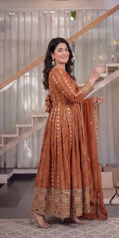 MD 3100 Orange Faux Blooming Gown Perfect for Wedding, Party, Pongal, Raksha Bandhan, Mehendi –. Introductory Price ₹2549. Delivery 4-6 Working Days | Gowns, Bollywood Gowns, Creative Gowns, Designer Gowns, Embroidered Gowns, Party Wear Gowns