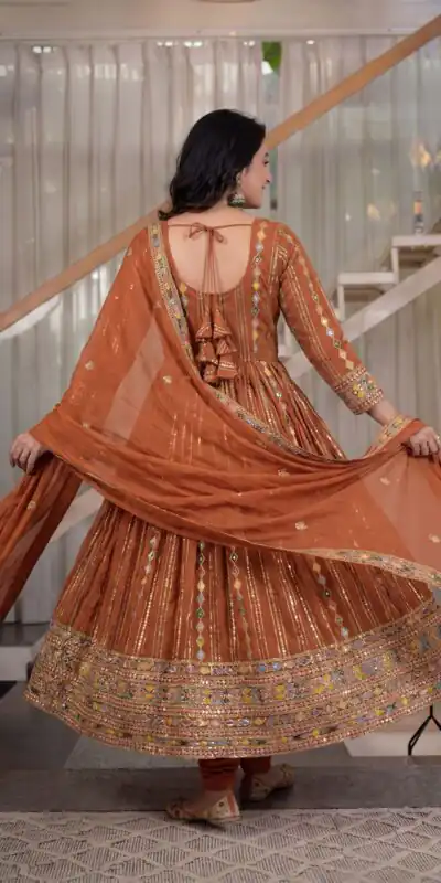 MD 3100 Orange Faux Blooming Gown Perfect for Wedding, Party, Pongal, Raksha Bandhan, Mehendi –. Introductory Price ₹2549. Delivery 4-6 Working Days | Gowns, Bollywood Gowns, Creative Gowns, Designer Gowns, Embroidered Gowns, Party Wear Gowns