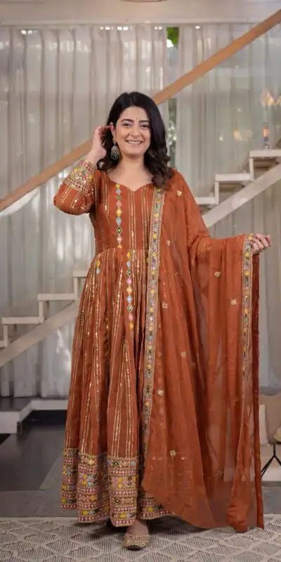 MD 3100 Orange Faux Blooming Gown Perfect for Wedding, Party, Pongal, Raksha Bandhan, Mehendi –. Introductory Price ₹2549. Delivery 4-6 Working Days | Gowns, Bollywood Gowns, Creative Gowns, Designer Gowns, Embroidered Gowns, Party Wear Gowns
