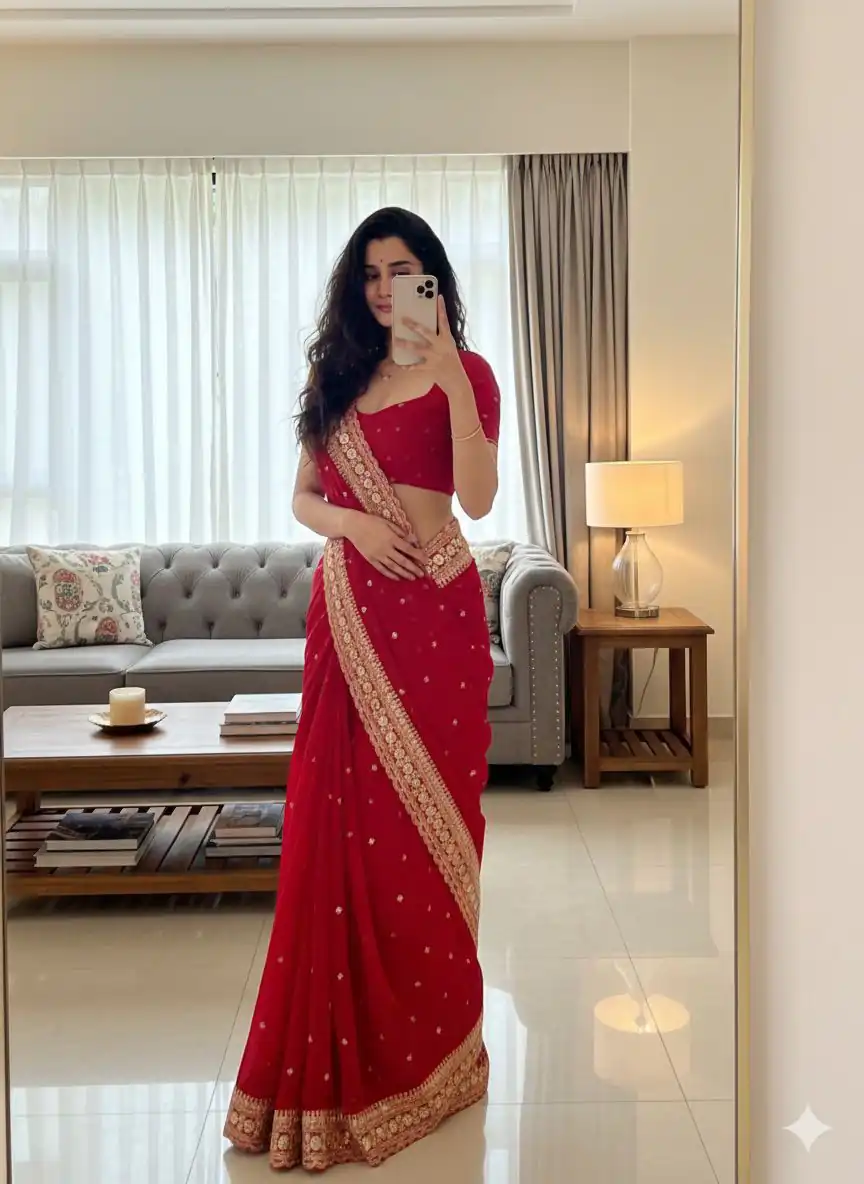 NC 5544 Red Color Georgette Saree with Embroidery Work & Lace Work. Special Price ₹1949. Delivery 4-6 Working Days. Shop now. | Sarees, Bollywood Sarees, Creative Sarees, Designer Sarees, Embroidered Sarees, Ethnic Saree, Modern Digital sarees, Party Wear Sarees