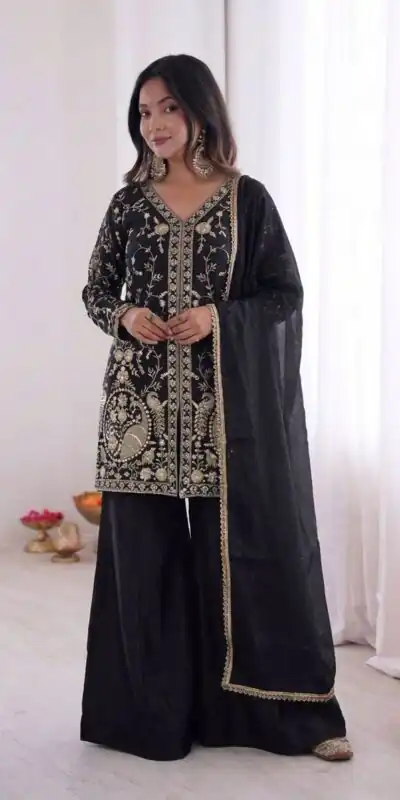 JF 043 Black Pure Fendy Silk Salwar Suitwith Embroidery Work & Sequins Work. Exclusive Offer ₹1940. Delivery 4-6 Working Days. Shop now. | Jump Suits, Salwar suit, Designer Suits, Casual Suits, Creative suits, Palazzo Suits, Party Wear Suits, Patiala Suits, Straight Suits