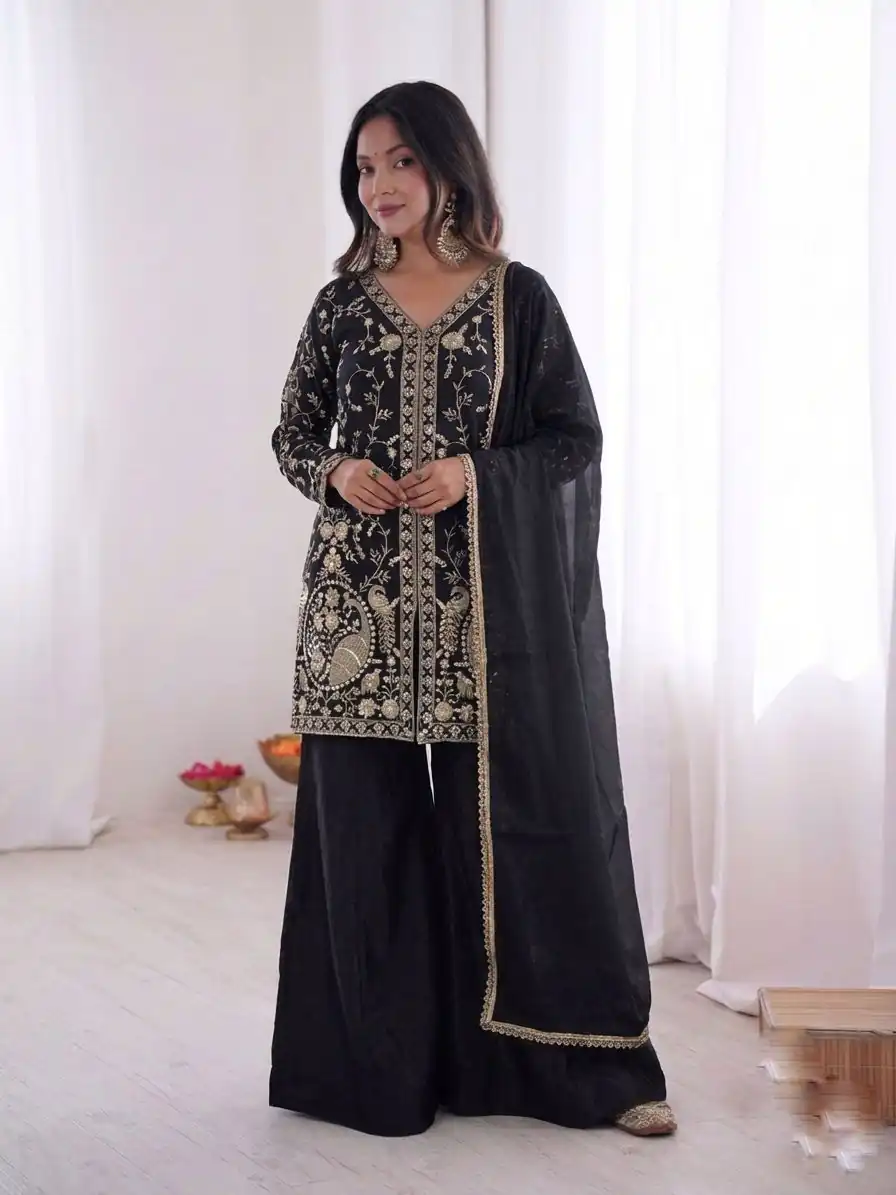 JF 043 Black Pure Fendy Silk Salwar Suitwith Embroidery Work & Sequins Work. Exclusive Offer ₹1940. Delivery 4-6 Working Days. Shop now. | Jump Suits, Salwar suit, Designer Suits, Casual Suits, Creative suits, Palazzo Suits, Party Wear Suits, Patiala Suits, Straight Suits