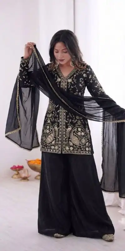 JF 043 Black Pure Fendy Silk Salwar Suitwith Embroidery Work & Sequins Work. Exclusive Offer ₹1940. Delivery 4-6 Working Days. Shop now. | Jump Suits, Salwar suit, Designer Suits, Casual Suits, Creative suits, Palazzo Suits, Party Wear Suits, Patiala Suits, Straight Suits