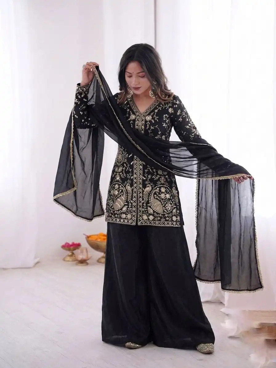 JF 043 Black Pure Fendy Silk Salwar Suitwith Embroidery Work & Sequins Work. Exclusive Offer ₹1940. Delivery 4-6 Working Days. Shop now. | Jump Suits, Salwar suit, Designer Suits, Casual Suits, Creative suits, Palazzo Suits, Party Wear Suits, Patiala Suits, Straight Suits