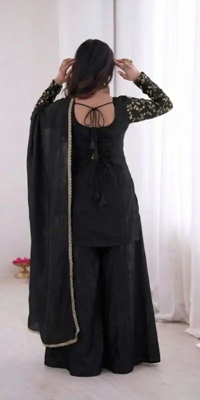 JF 043 Black Pure Fendy Silk Salwar Suitwith Embroidery Work & Sequins Work. Exclusive Offer ₹1940. Delivery 4-6 Working Days. Shop now. | Jump Suits, Salwar suit, Designer Suits, Casual Suits, Creative suits, Palazzo Suits, Party Wear Suits, Patiala Suits, Straight Suits